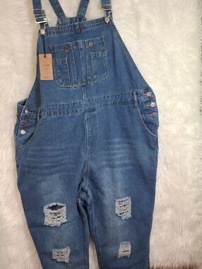 Ripped Blue Denim Women's Overalls with Adjustable Straps